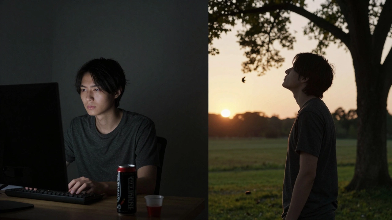 Сравнение: человек за экраном в тёмной комнате и тот же человек на свежем воздухе при закате.