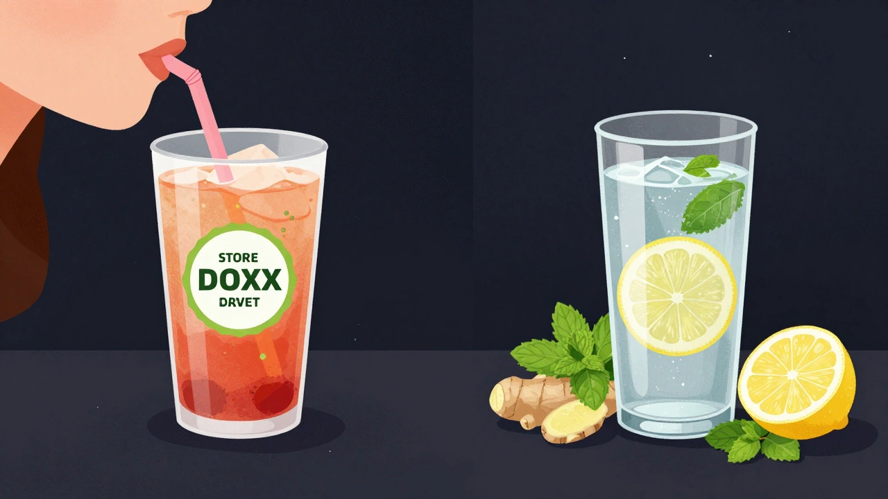 Сравнение вредных детокс-напитков из магазина и натуральных напитков: воды, имбиря и лимона.