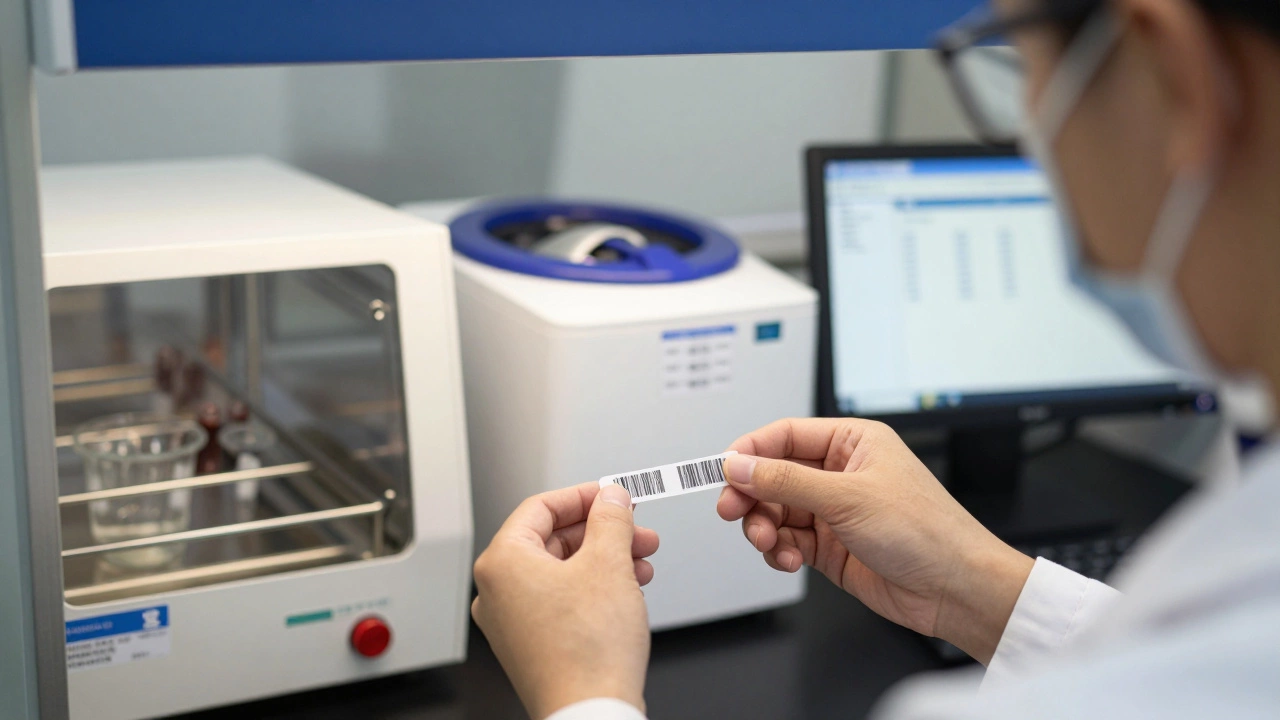 Техник маркирует пробирки с кровью под ламинарной установкой, на заднем плане — автоклав и холодильник.