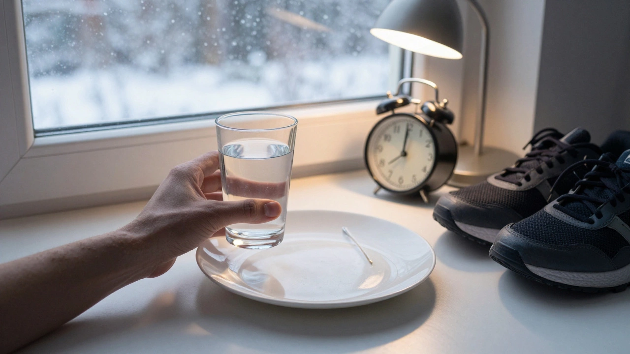 Утро перед сдачей анализа: стакан воды, пустая тарелка, часы и обувь рядом.