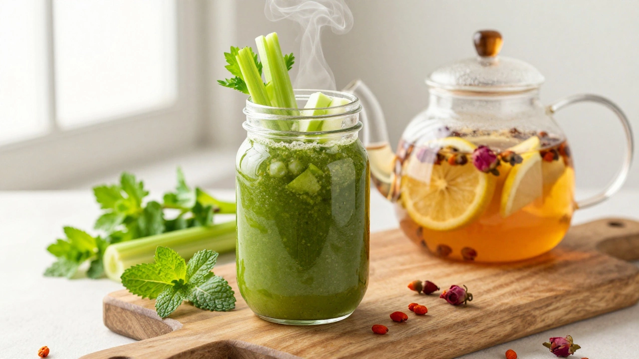 Зеленый смузи и чай шиповника на деревянной столешнице