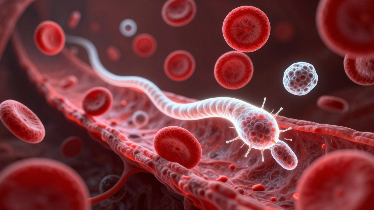 3D-иллюстрация борьбы эозинофилов с паразитом в кровотоке