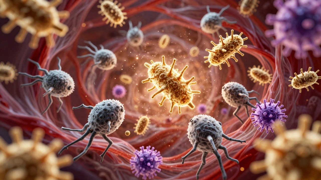 Абстрактное изображение лейкоцитов, борющихся с бактериями и вирусами в кровотоке