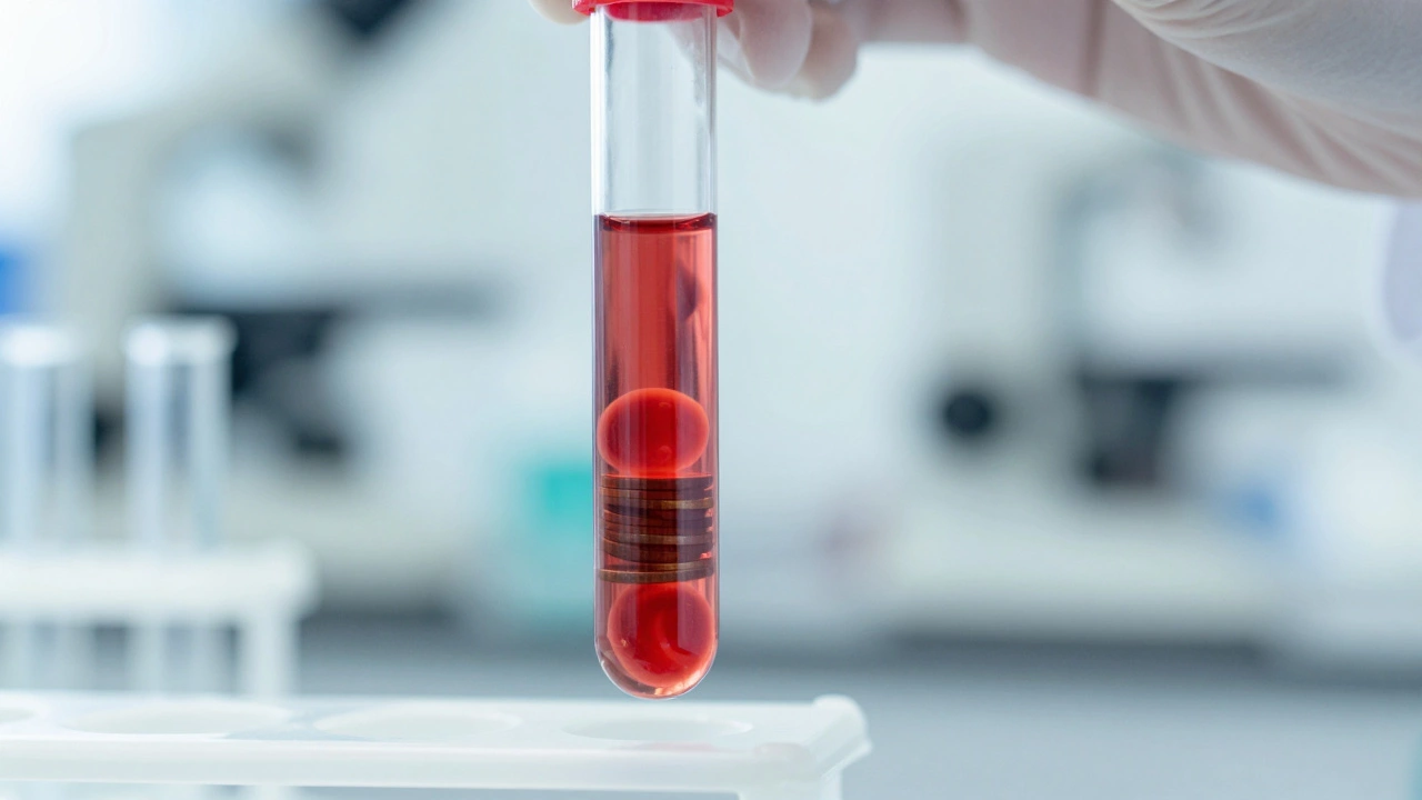 Макроснимок пробирки с кровью, демонстрирующий процесс оседания эритроцитов