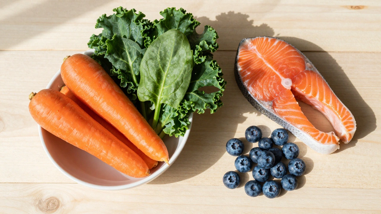 Натюрморт из полезных для зрения продуктов: морковь, шпинат, лосось и ягоды.