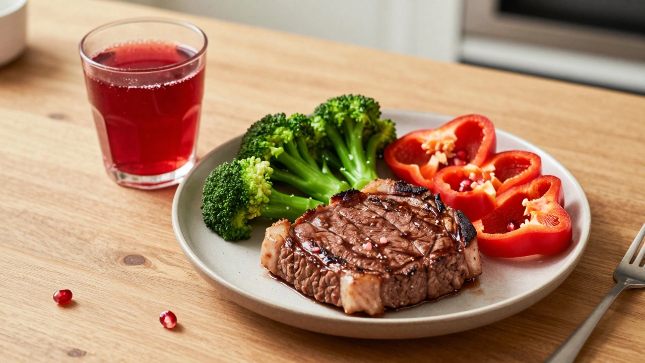 Полезный обед из стейка, брокколи и гранатового сока для восстановления железа