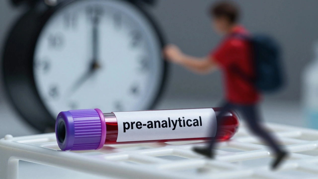 Пробирка с кровью в штативе, символизирующая важность транспортировки биоматериала