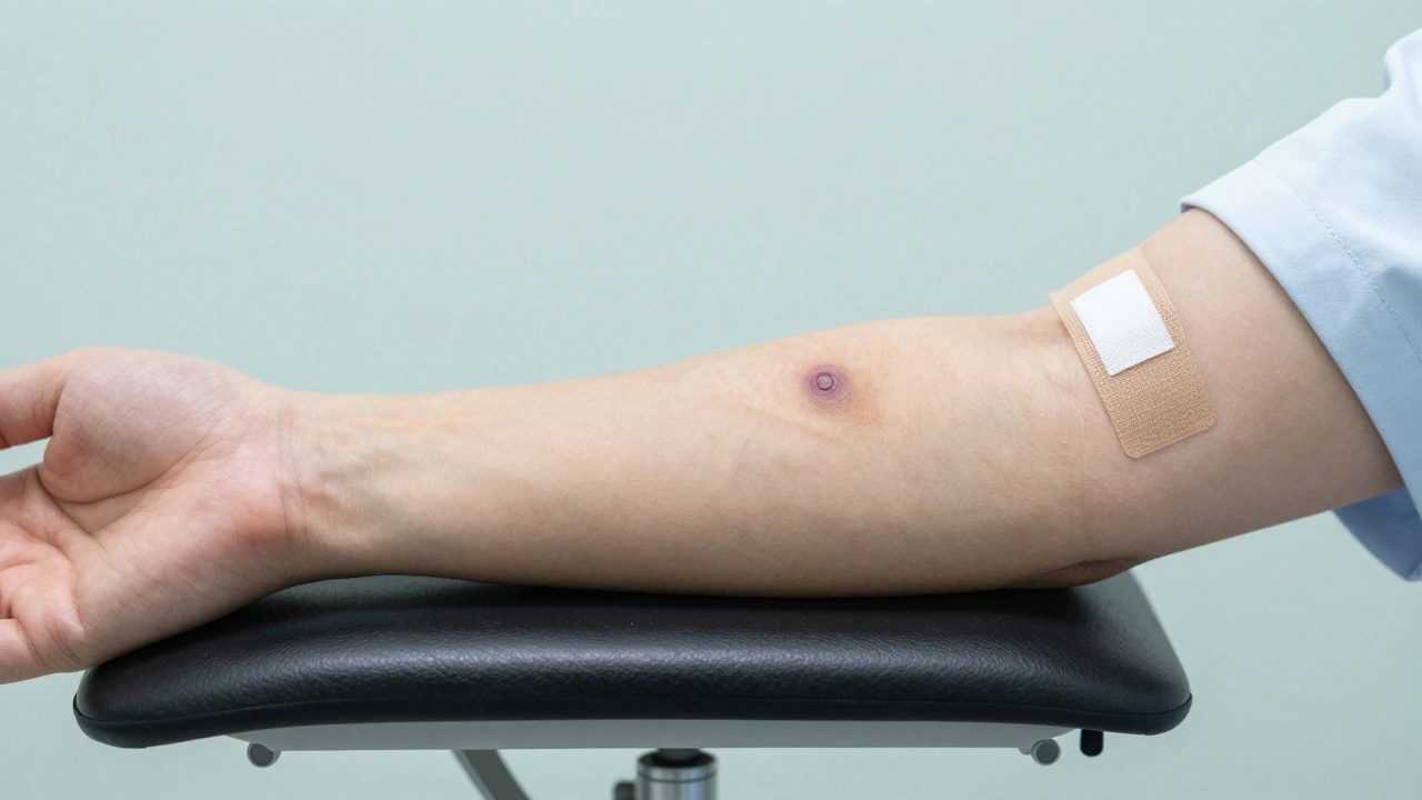 Рука с крупным синяком и повязкой на локтевом сгибе в клинике