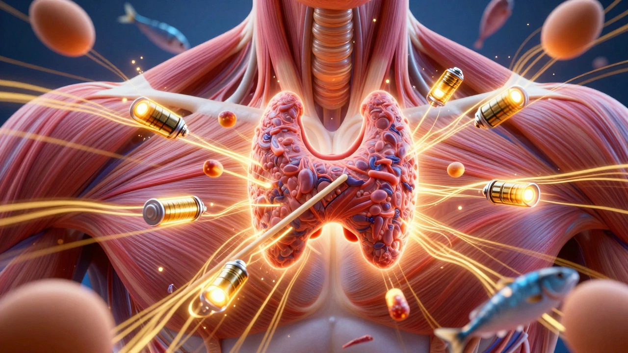 Схематичное изображение щитовидной железы и митохондрий, активирующих обмен веществ