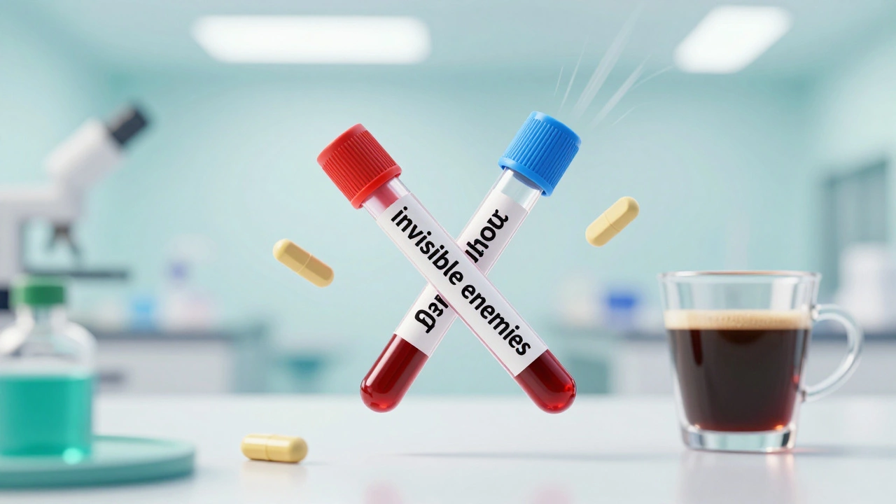 Схематичное изображение витаминов и кофе вокруг пробирки для крови