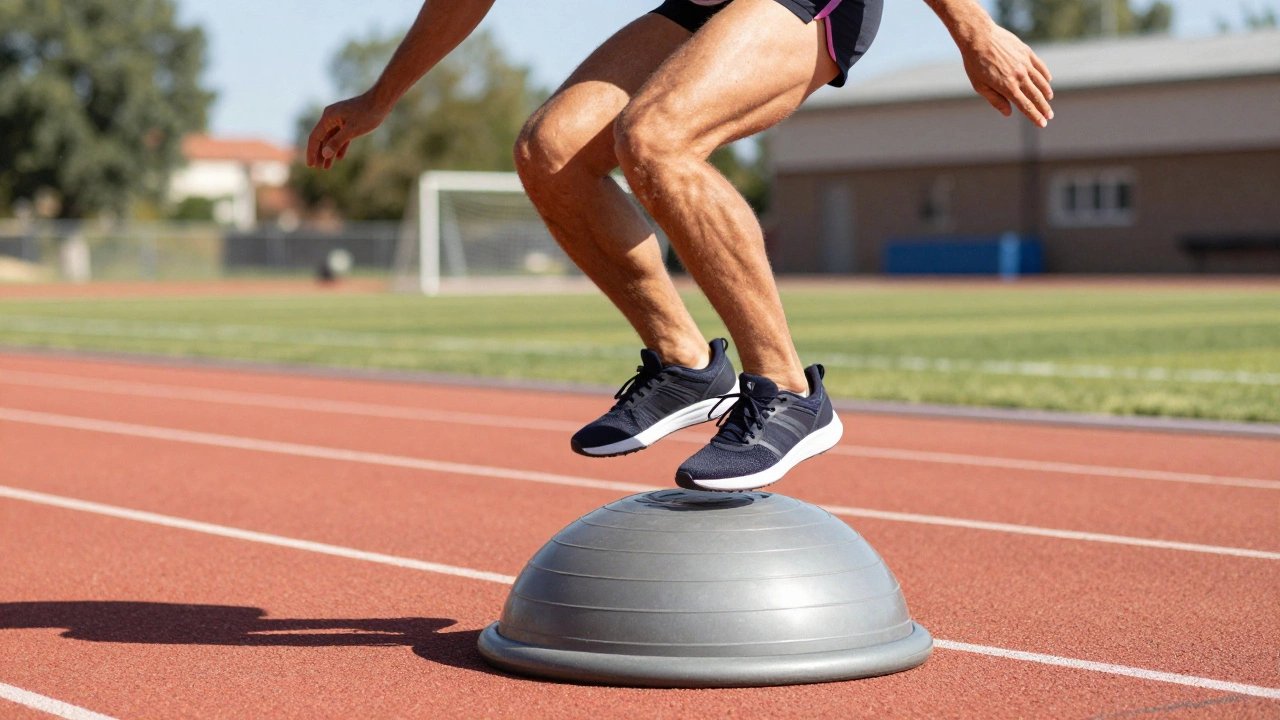 Спортсмен выполняет плиометрическое упражнение на балансировочной подушке