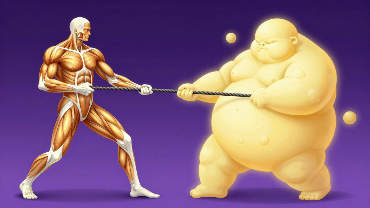 Сюрреалистическая иллюстрация борьбы мышечной массы и жировых клеток в организме