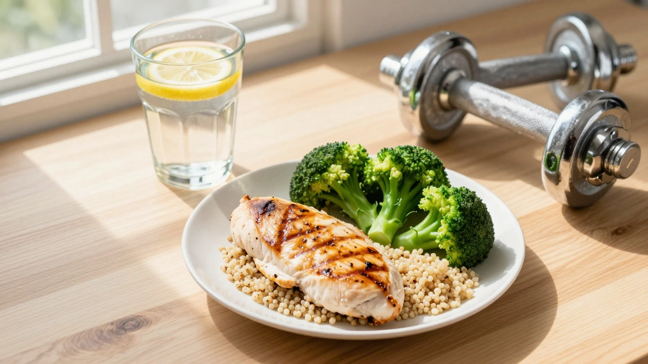 Здоровый белковый завтрак, стакан воды и гантели как символы восстановления обмена веществ