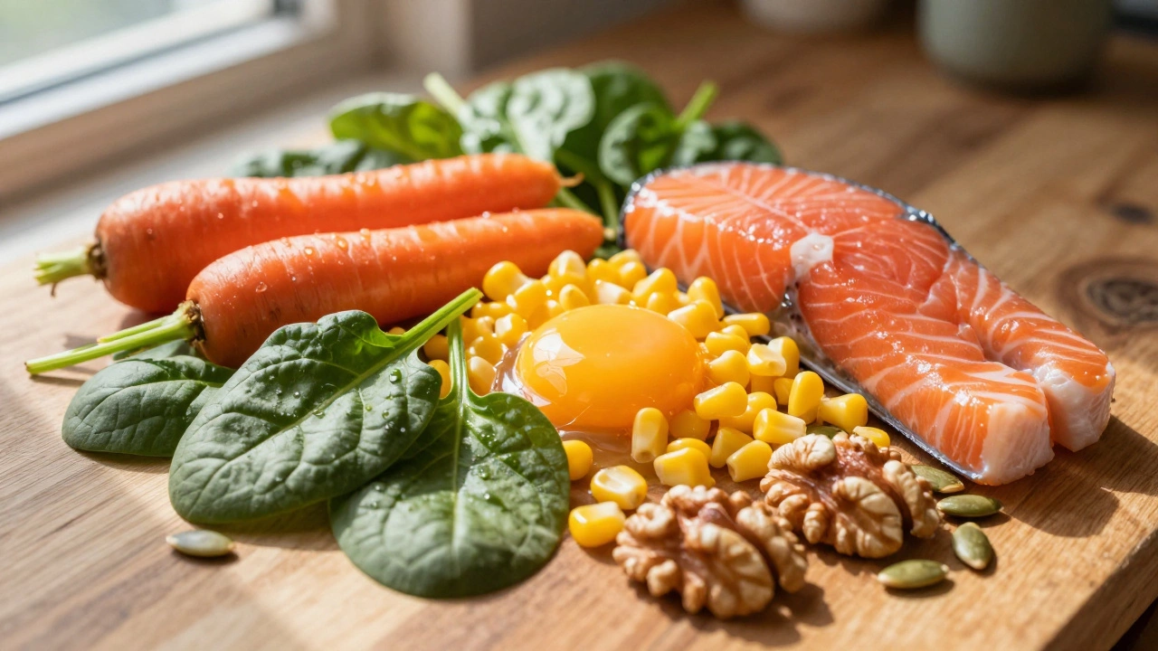Полезные продукты для зрения: шпинат, морковь, рыба