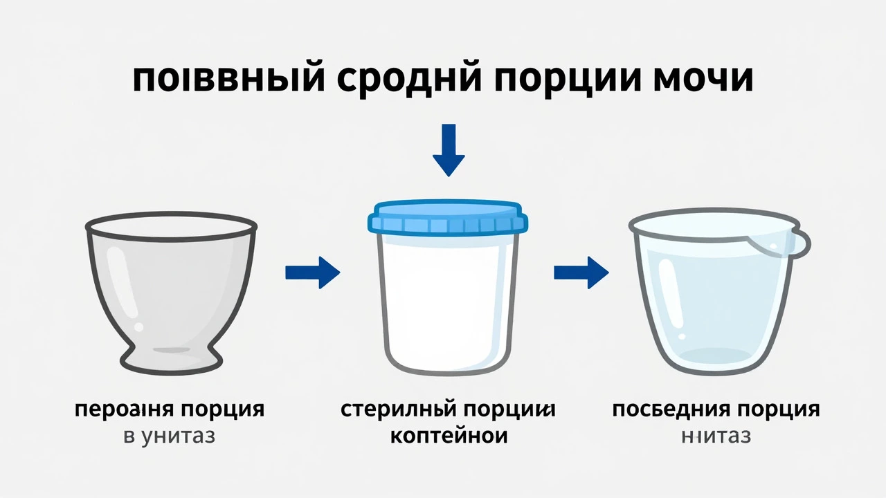 Инфографика, объясняющая метод сбора средней порции мочи в три этапа: начало мочеиспускания в унитаз, сбор основной части в контейнер, завершение в унитаз.